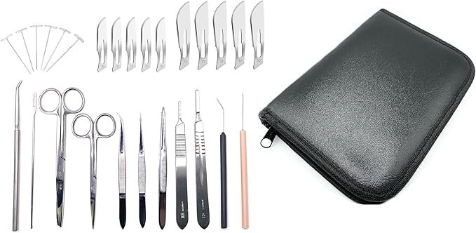 complete dissection kit – includes scissors, forceps, scalpels, teasing needles, probes & deluxe leather case