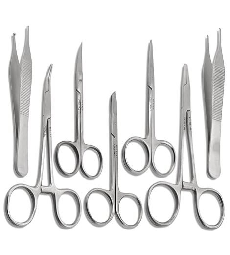set of 7 pieces – scissors, forceps, hemostats & needle holder driver set for medical training and procedures | stainless steel by cynamed