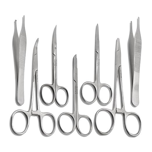 set of 7 pieces – scissors, forceps, hemostats & needle holder driver set for medical training and procedures | stainless steel by cynamed